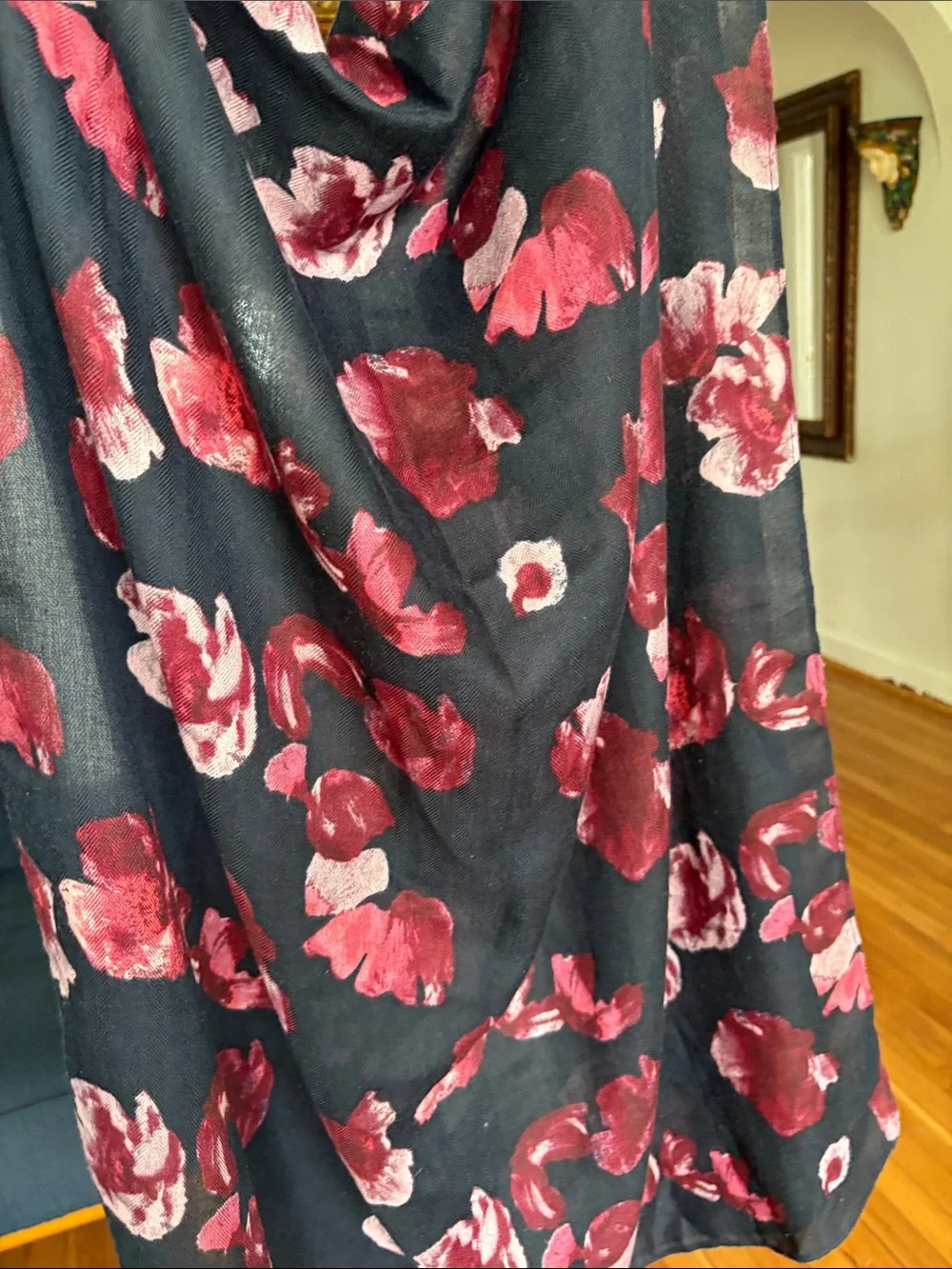 Banana Republic Black Scarf with Burgundy and Pink Floral Print